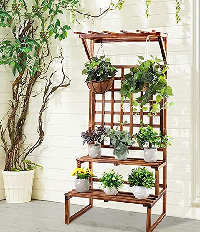 Plant Stand 2 Tier Carbonized solid Display Shelf Ladder Rack with Trellis