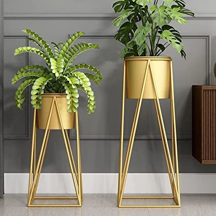 Planter with Gold Stand Tall Modern Plant Stands Indoor Outdoor Decoration Potted with Pot Tall Pack of 2 ( Gold, Standard) (Gold)